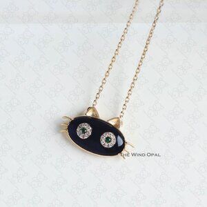 Mystic Black Cat Necklace in 18K Gold with Tsavorite Diamond Eyes